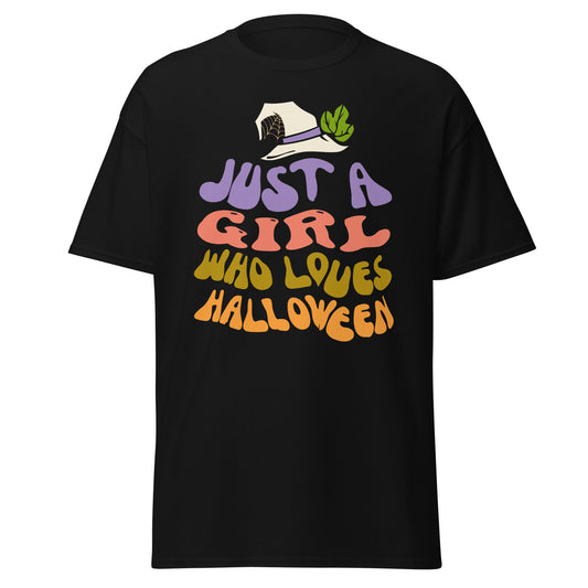 Nur ein Mädchen, das Halloween liebt, weiches T-Shirt aus schwerer Baumwolle im Halloween-Design