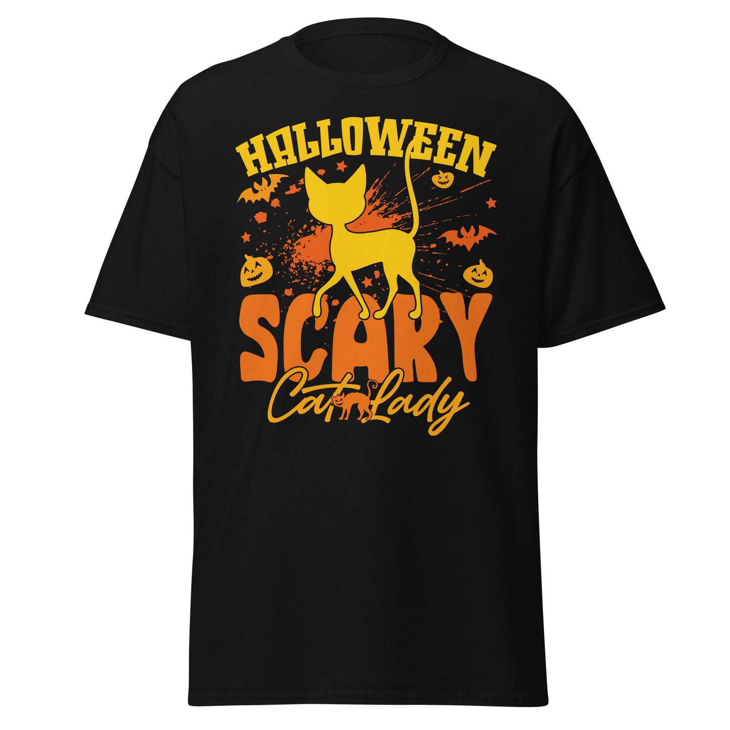 Gruselige Katzendame, Halloween-Design, weiches T-Shirt aus schwerer Baumwolle