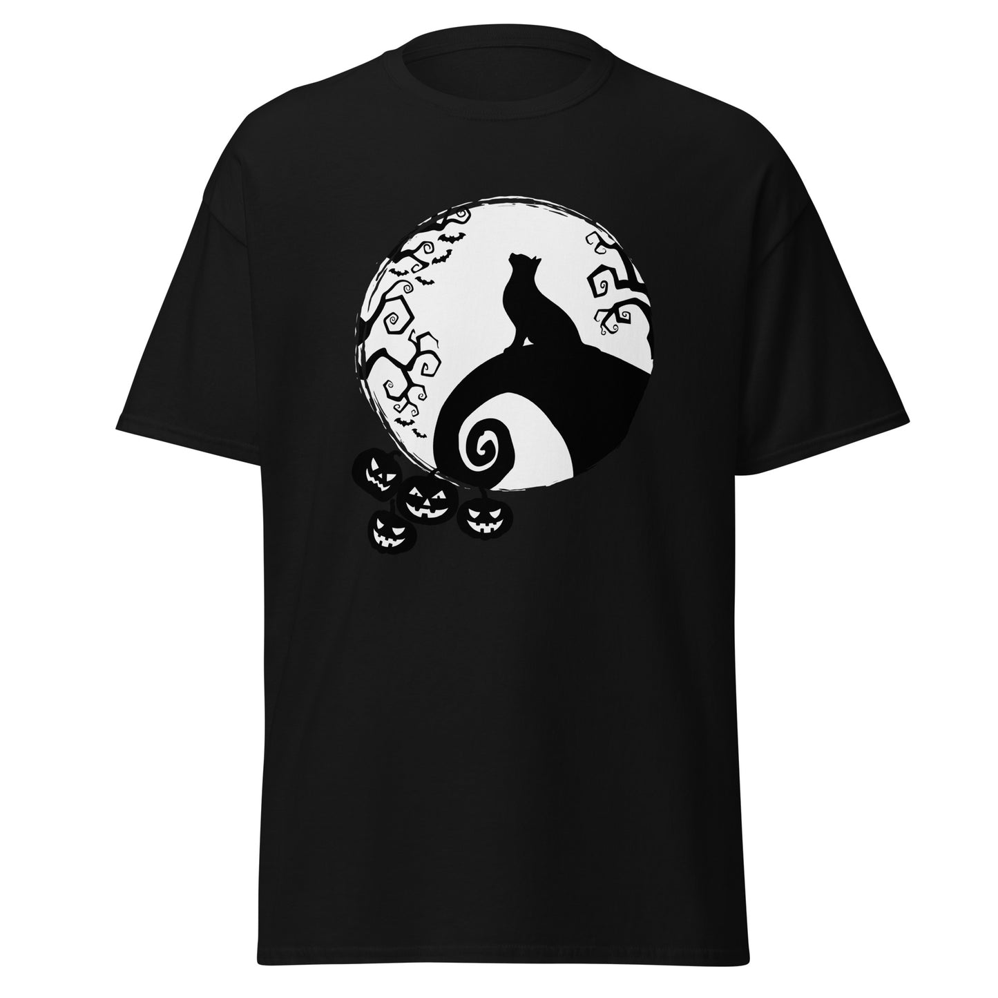 Top Katze und Mond, Halloween-Design, weiches T-Shirt aus schwerer Baumwolle