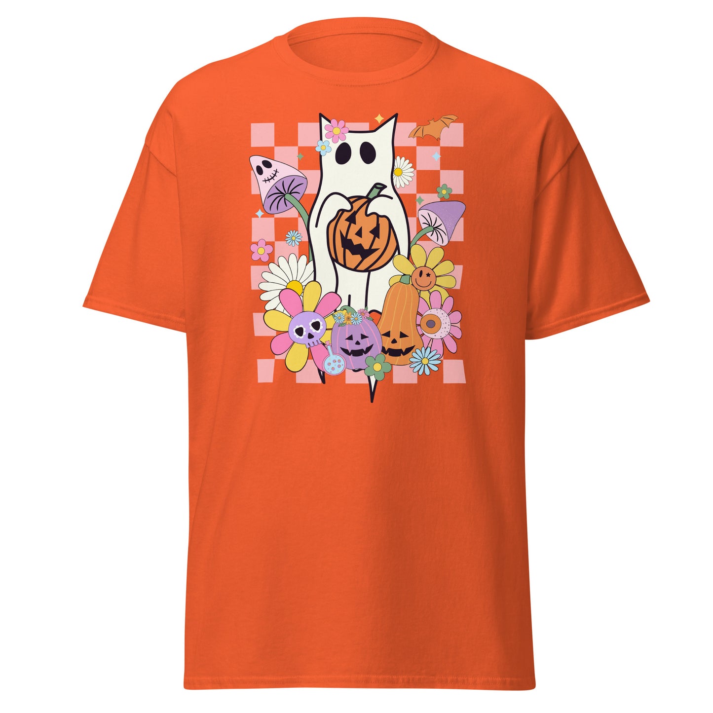 Camiseta estilo Feline Spirits Unleashed - Gato fantasma a cuadros - Halloween