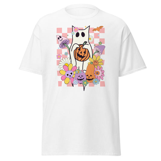 Camiseta estilo Feline Spirits Unleashed - Gato fantasma a cuadros - Halloween