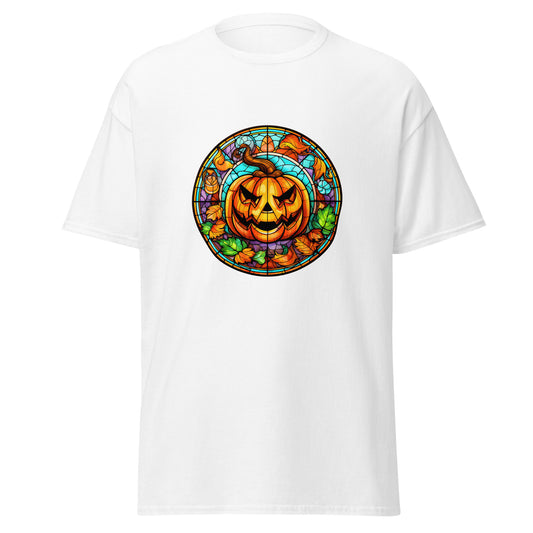 Vidrieras Calabaza de Halloween, Diseño de Halloween Camiseta de algodón pesado de estilo suave