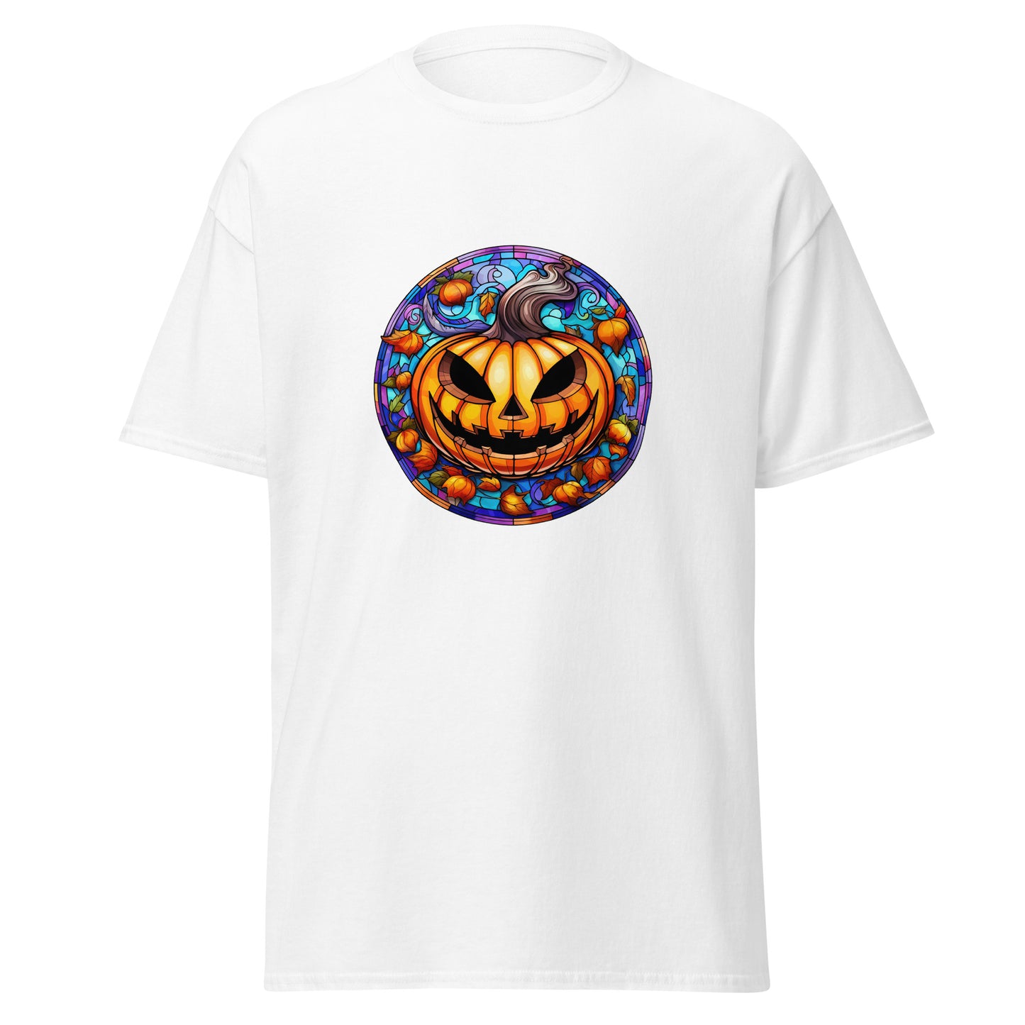 Buntglas-Halloween-Kürbis, Halloween-Design, weicher Stil, schweres Baumwoll-T-Shirt