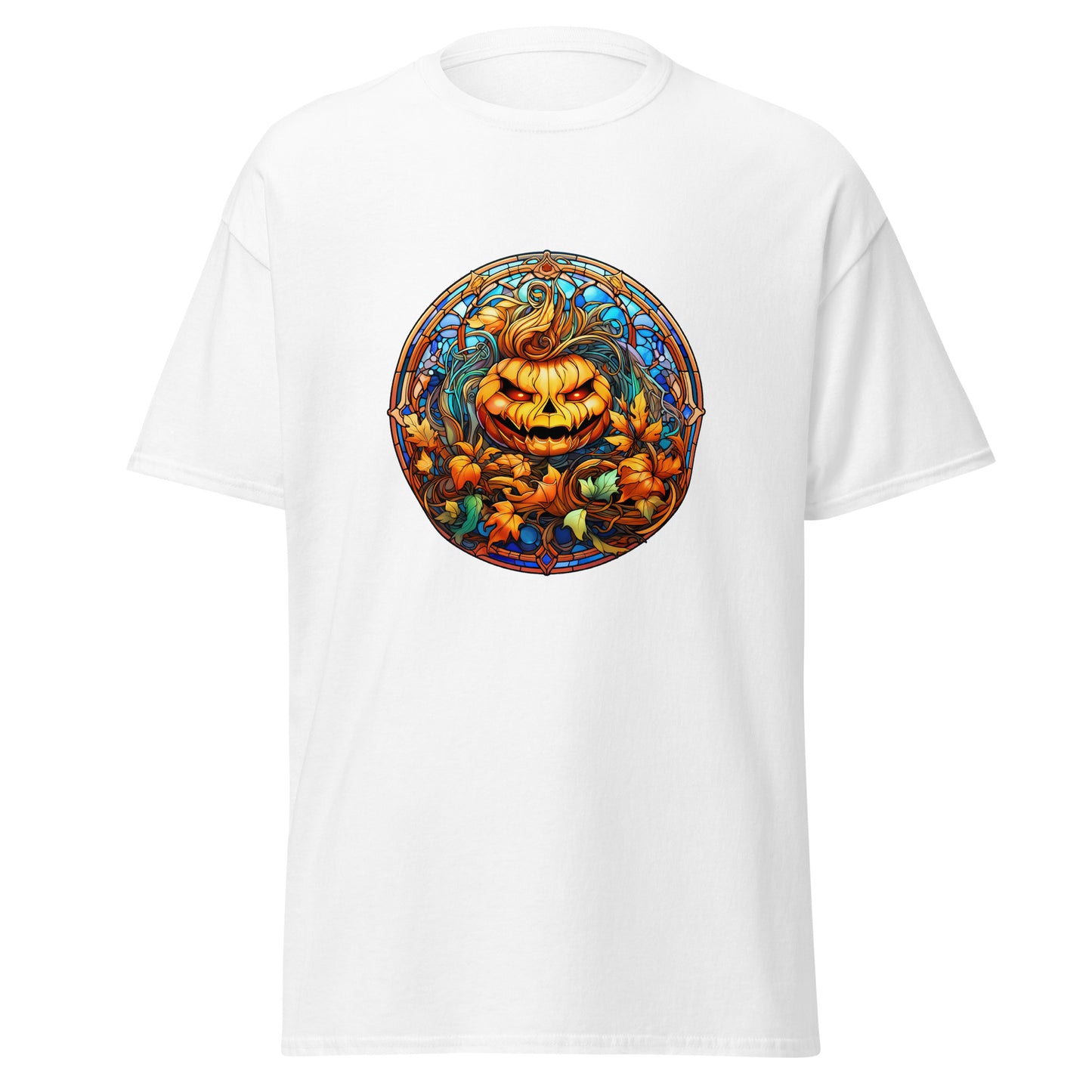 Buntglas-Halloween-Kürbis, Halloween-Design, weicher Stil, schweres Baumwoll-T-Shirt