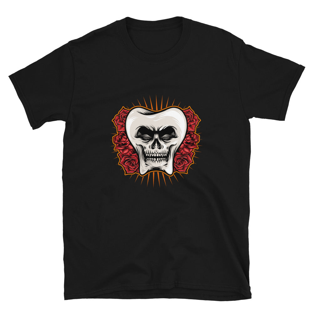 Tooth Skull With Rose Fit Unisex Softstyle T-Shirt