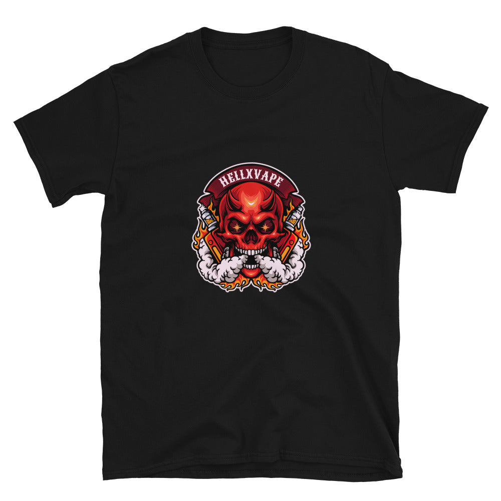 Gruseliger Totenkopf rauchendes Höllen-Vape-Maskottchen. Passgenaues Unisex-Softstyle-T-Shirt