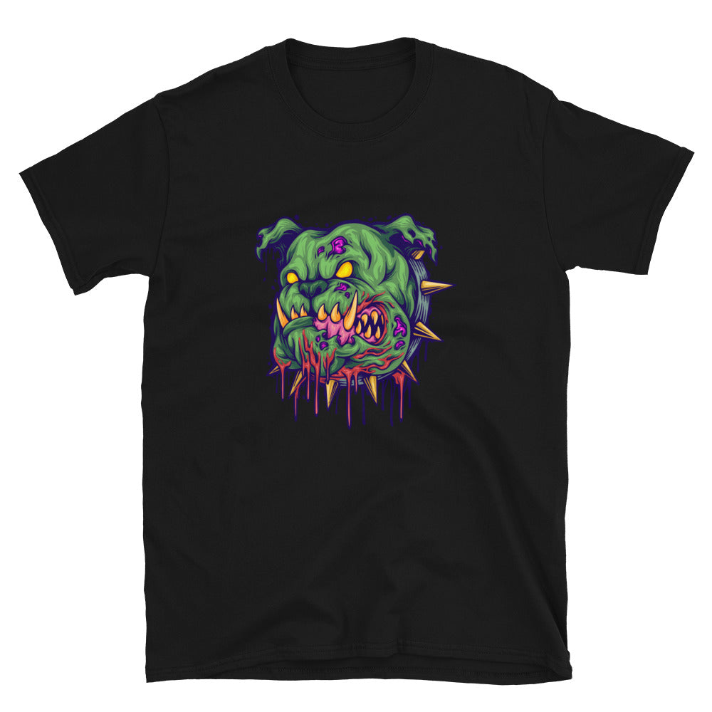 Gruseliges Bulldoggen-Zombiekopf-passendes Unisex-Softstyle-T-Shirt