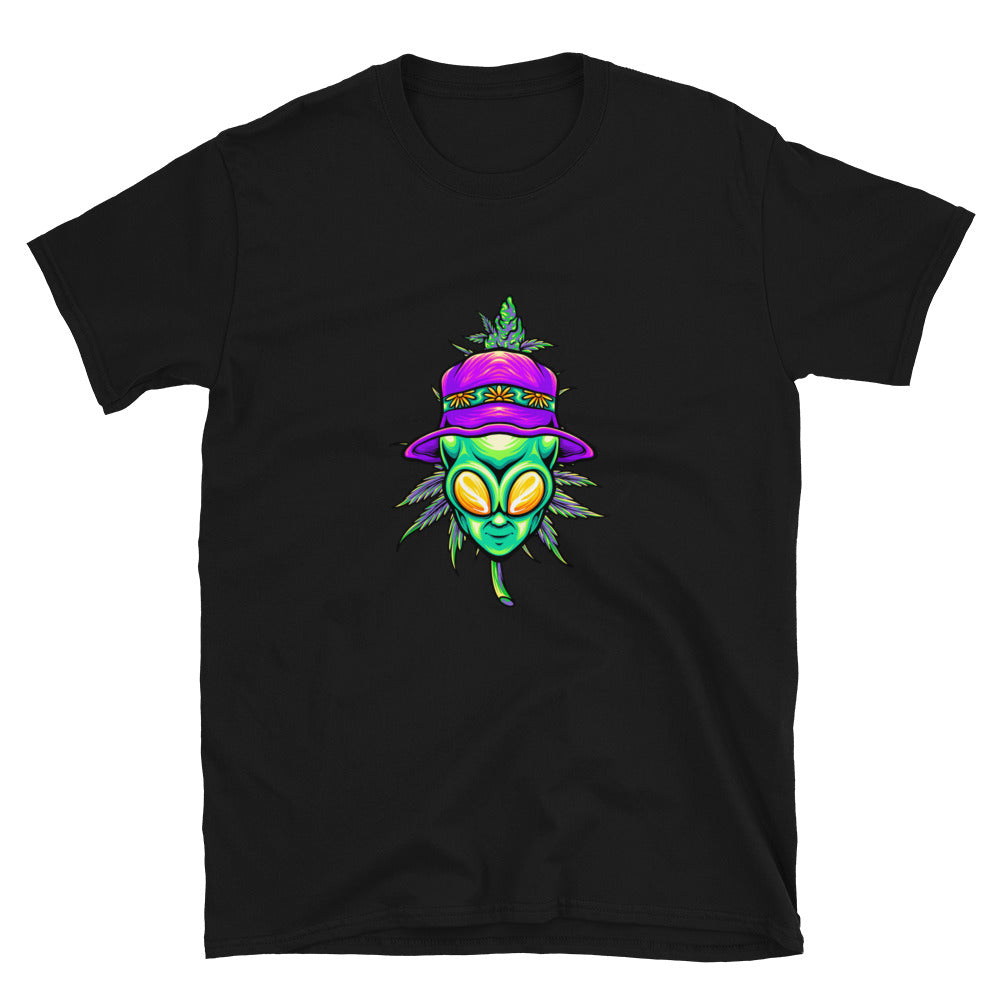 Summer alien head with cannabis weed leaf plant Fit Unisex Softstyle T-Shirt