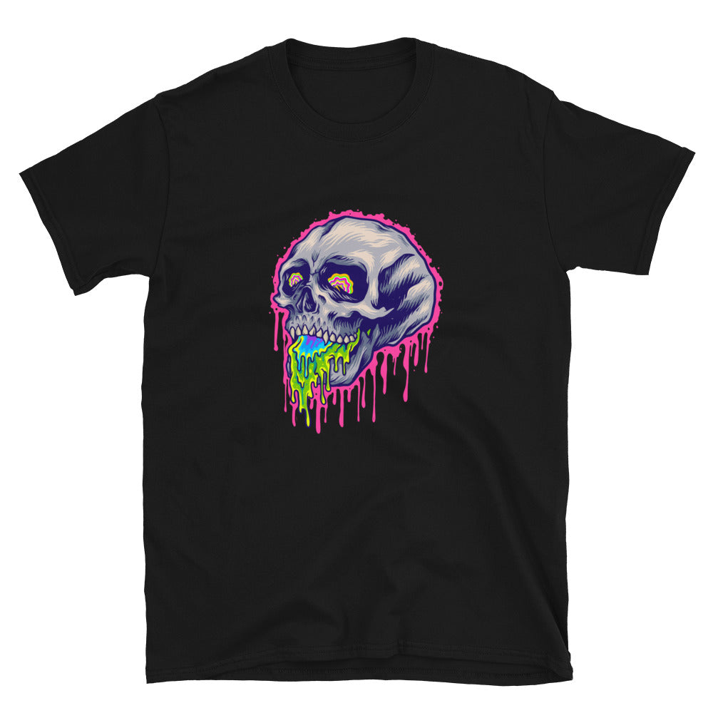 Camiseta de estilo suave unisex con diseño de calavera de piedra colorida aterradora psicodélica