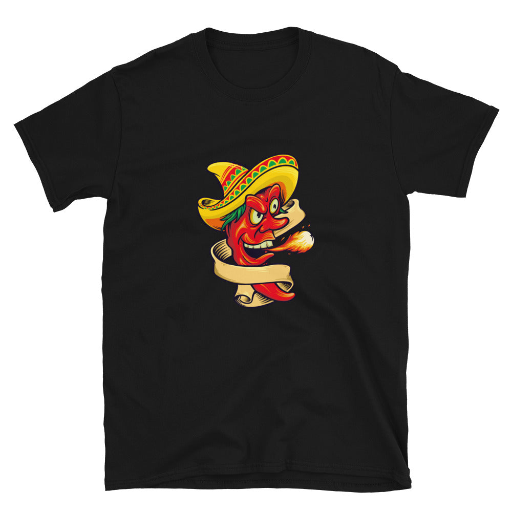 Red Chili Flavour with Mexican Sombrero Hat Fit Unisex Softstyle T-Shirt