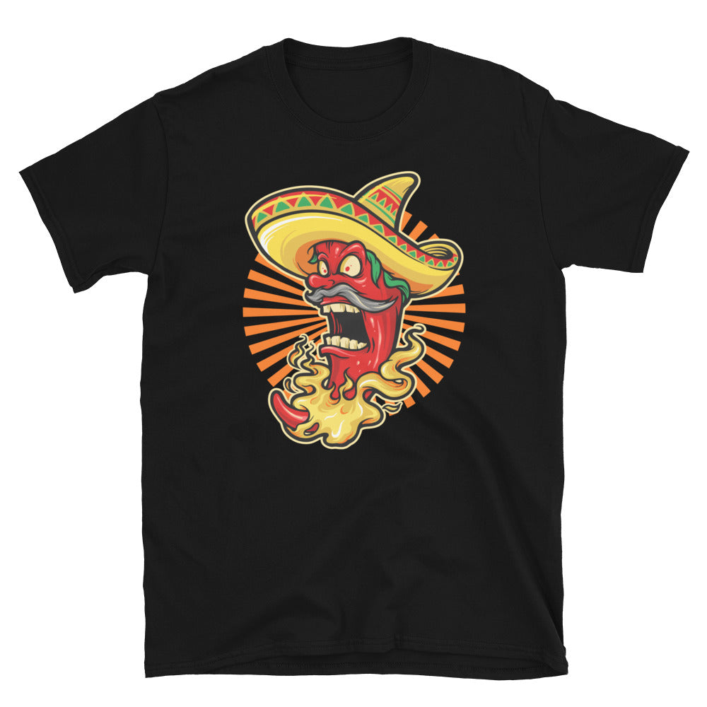 Mexican Red Hot Chili Pepper con icono de sombrero Mascot Fit Camiseta unisex Softstyle