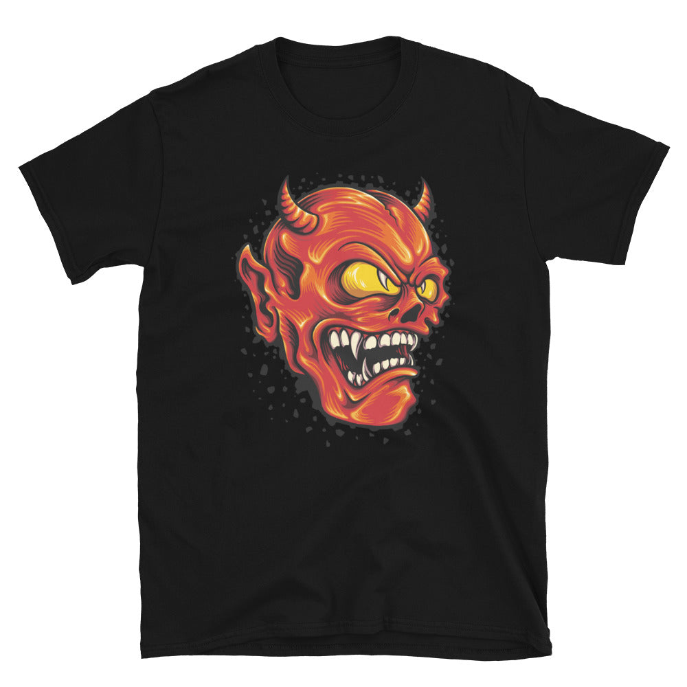 Camiseta unisex de estilo suave con diseño de mascota de dibujos animados sonriente del diablo rojo