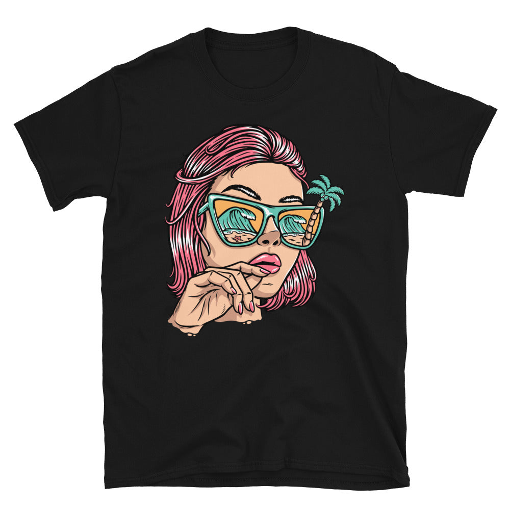 Beautiful Woman with Beach Glasses - Fit Unisex Softstyle T-Shirt