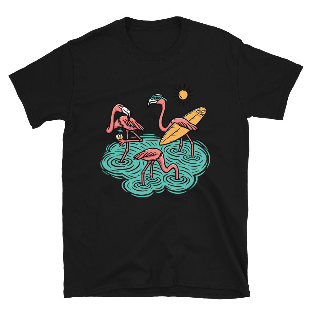 Tres lindos flamencos en la playa Fit Unisex Softstyle Camiseta