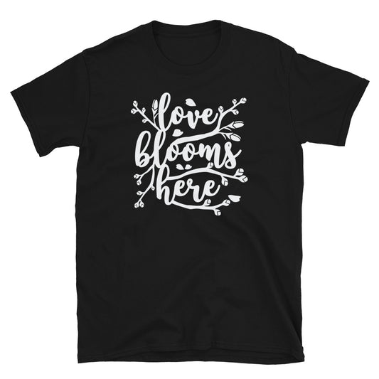 Love Blooms Here, Valentine Day - Fit Unisex Softstyle T-Shirt