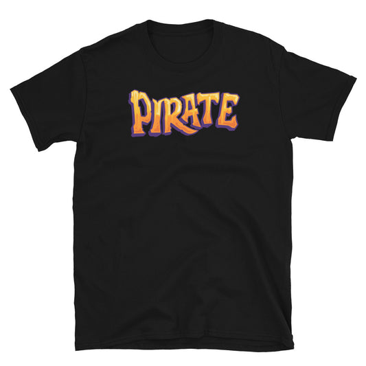 Handgezeichnetes, passgenaues Unisex-Softstyle-T-Shirt im Piratentext-Stil