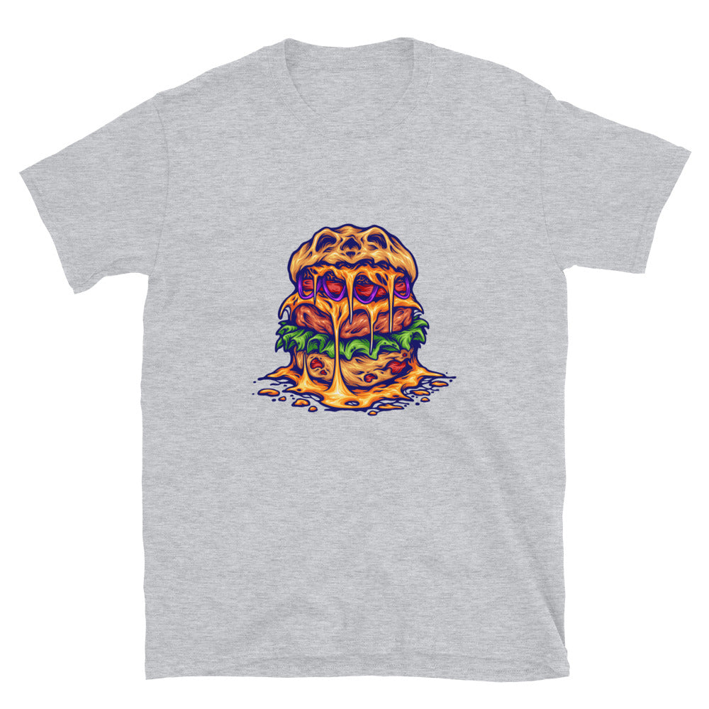 Camiseta de estilo suave unisex con dibujos animados de monstruo de hamburguesa aterradora