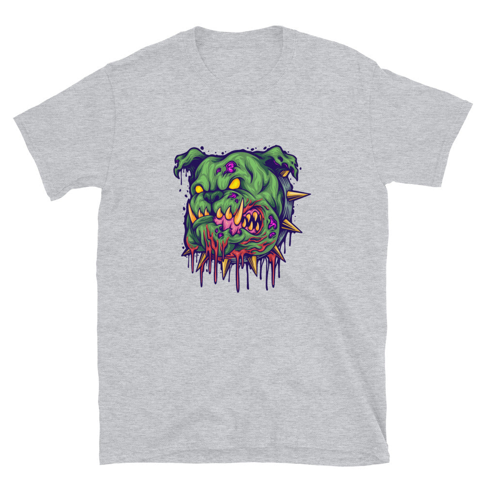 Gruseliges Bulldoggen-Zombiekopf-passendes Unisex-Softstyle-T-Shirt