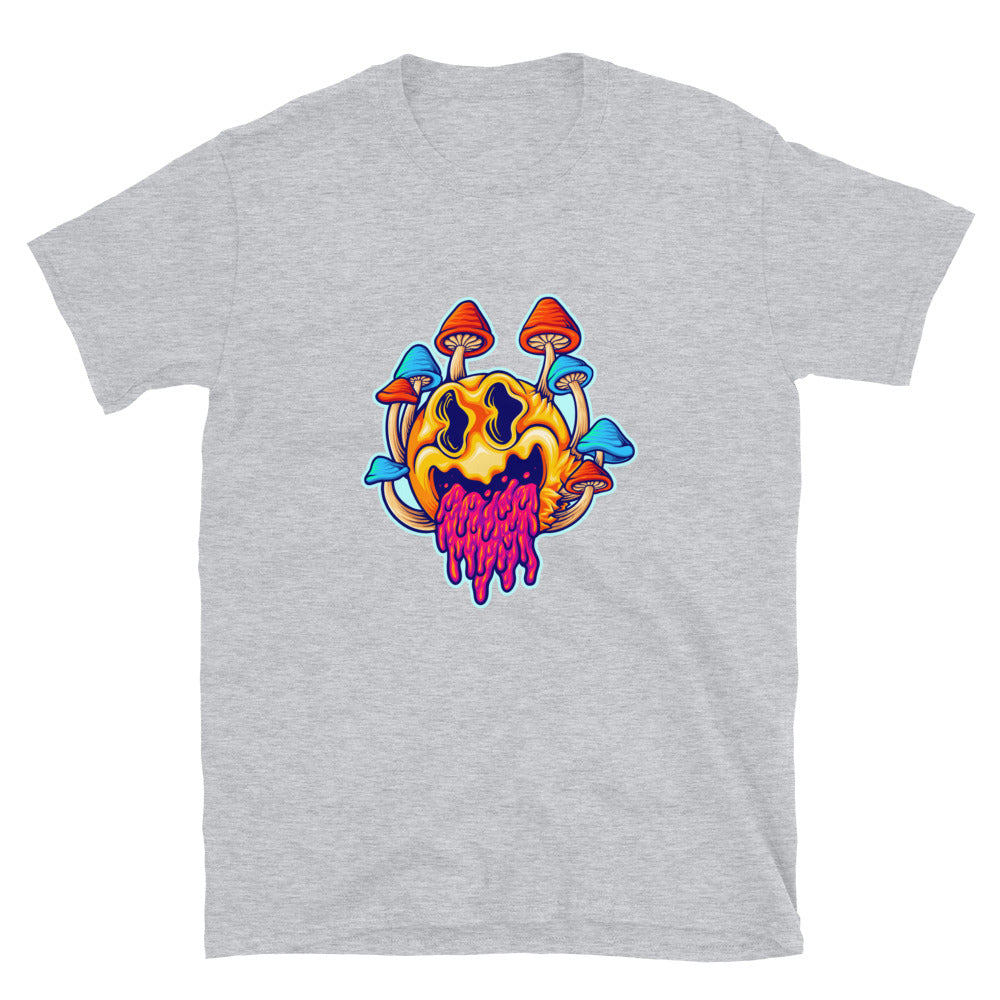 Gruseliges, psychedelisches Pilz-Cartoon, farbenfrohes Fit-Unisex-Softstyle-T-Shirt