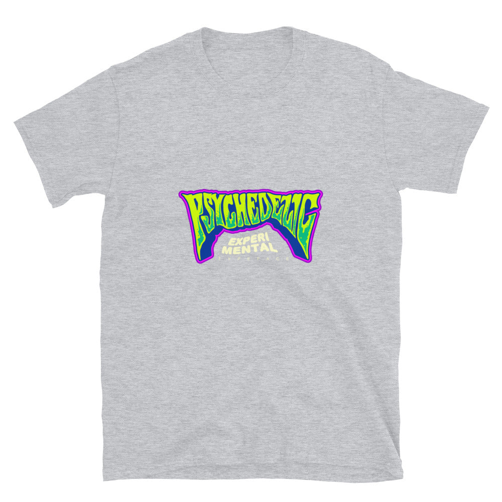 Psychedelische Wortbeschriftung Typografie Handgezeichnetes, passendes Unisex-Softstyle-T-Shirt