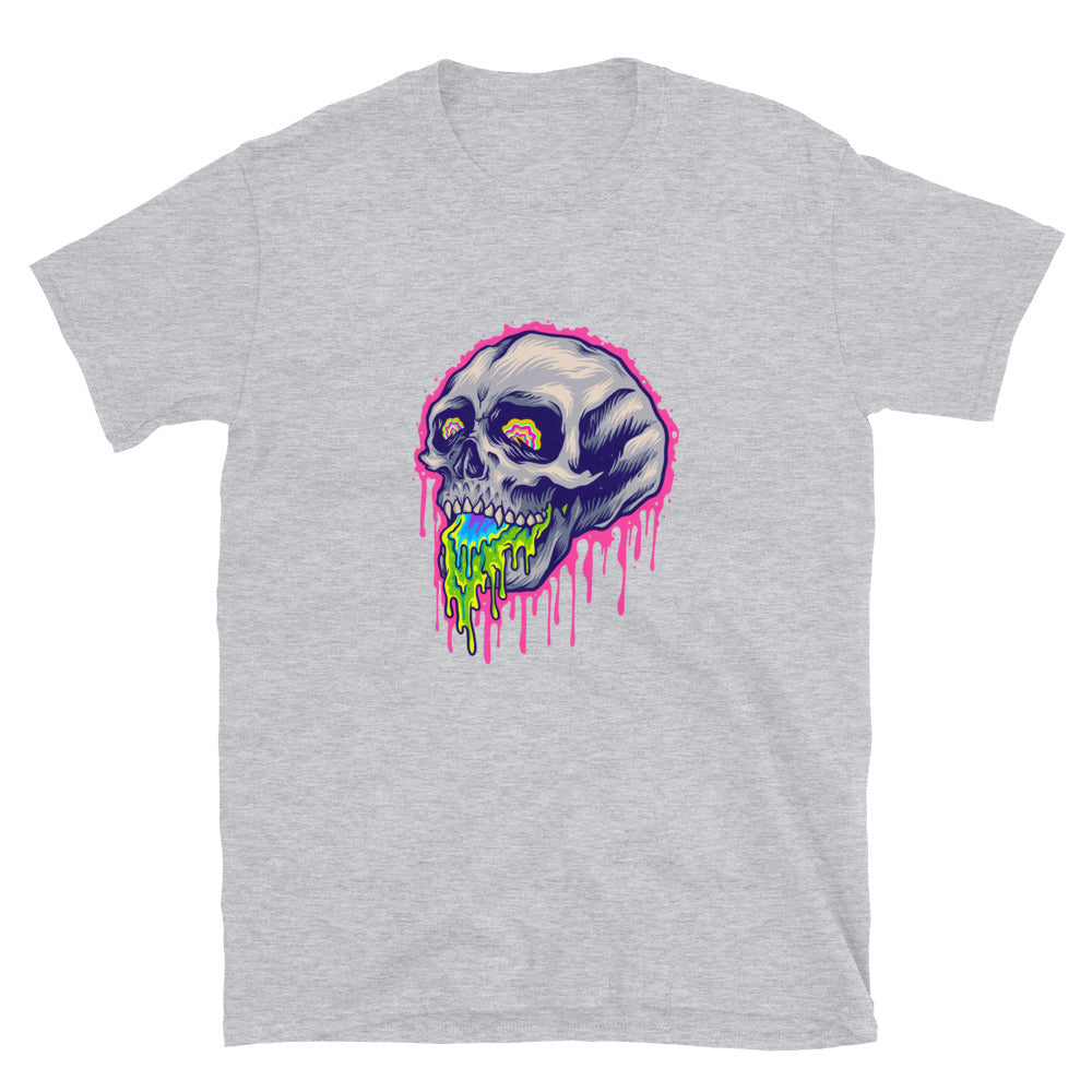 Camiseta de estilo suave unisex con diseño de calavera de piedra colorida aterradora psicodélica