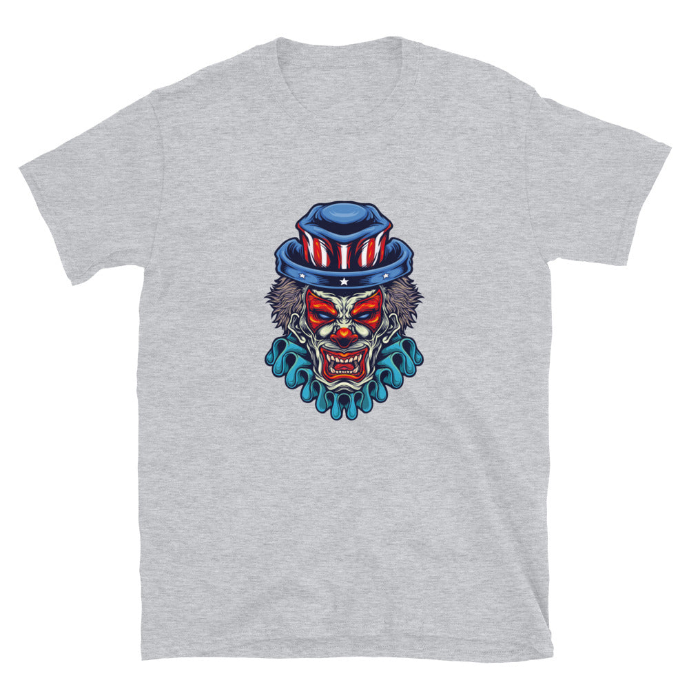 Payaso espeluznante con sombrero de bandera estadounidense apto para camiseta unisex de estilo suave