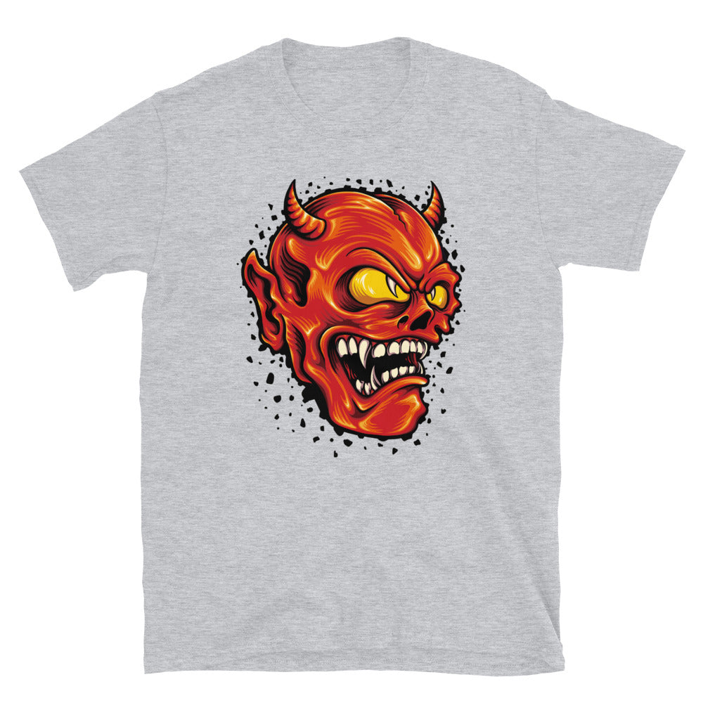 Camiseta unisex de estilo suave con diseño de mascota de dibujos animados sonriente del diablo rojo