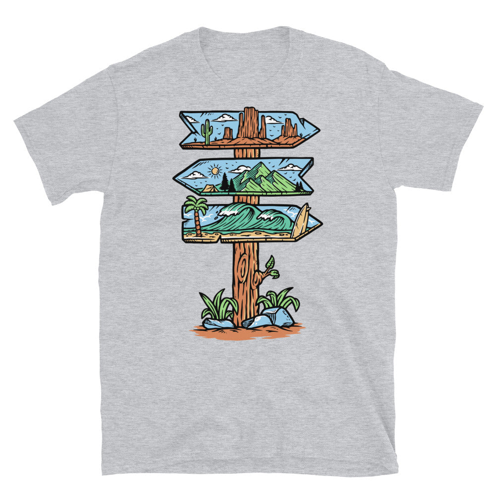 road sign to natural scenery Fit Unisex Softstyle T-Shirt