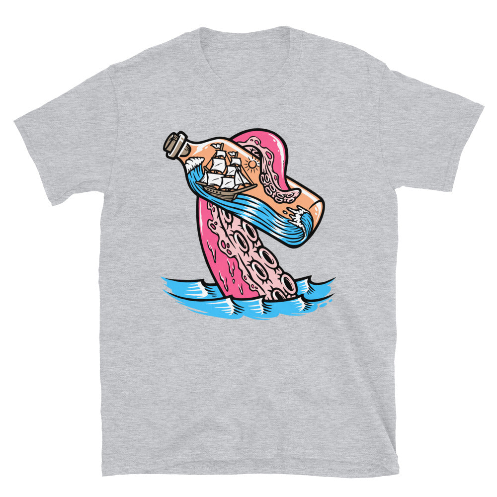 Sailing Ship in Bottle and giant octopus attack Fit Unisex Softstyle T-Shirt