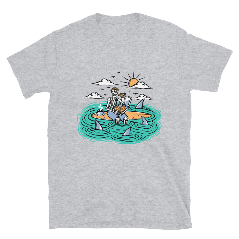 Skull Eating Pizza on Surfboard Fit Unisex Softstyle T-Shirt