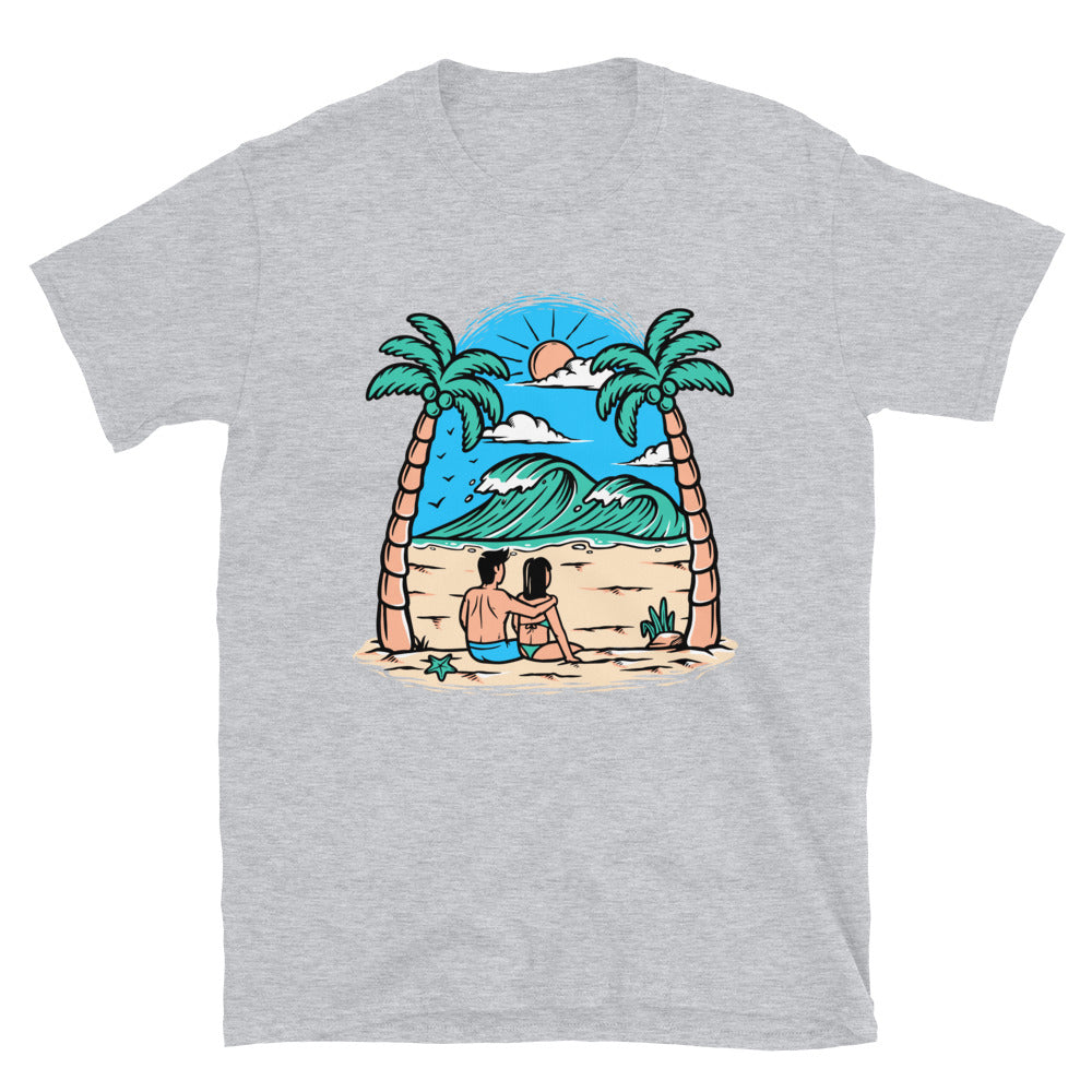 Pareja joven en la playa Fit Unisex Softstyle camiseta