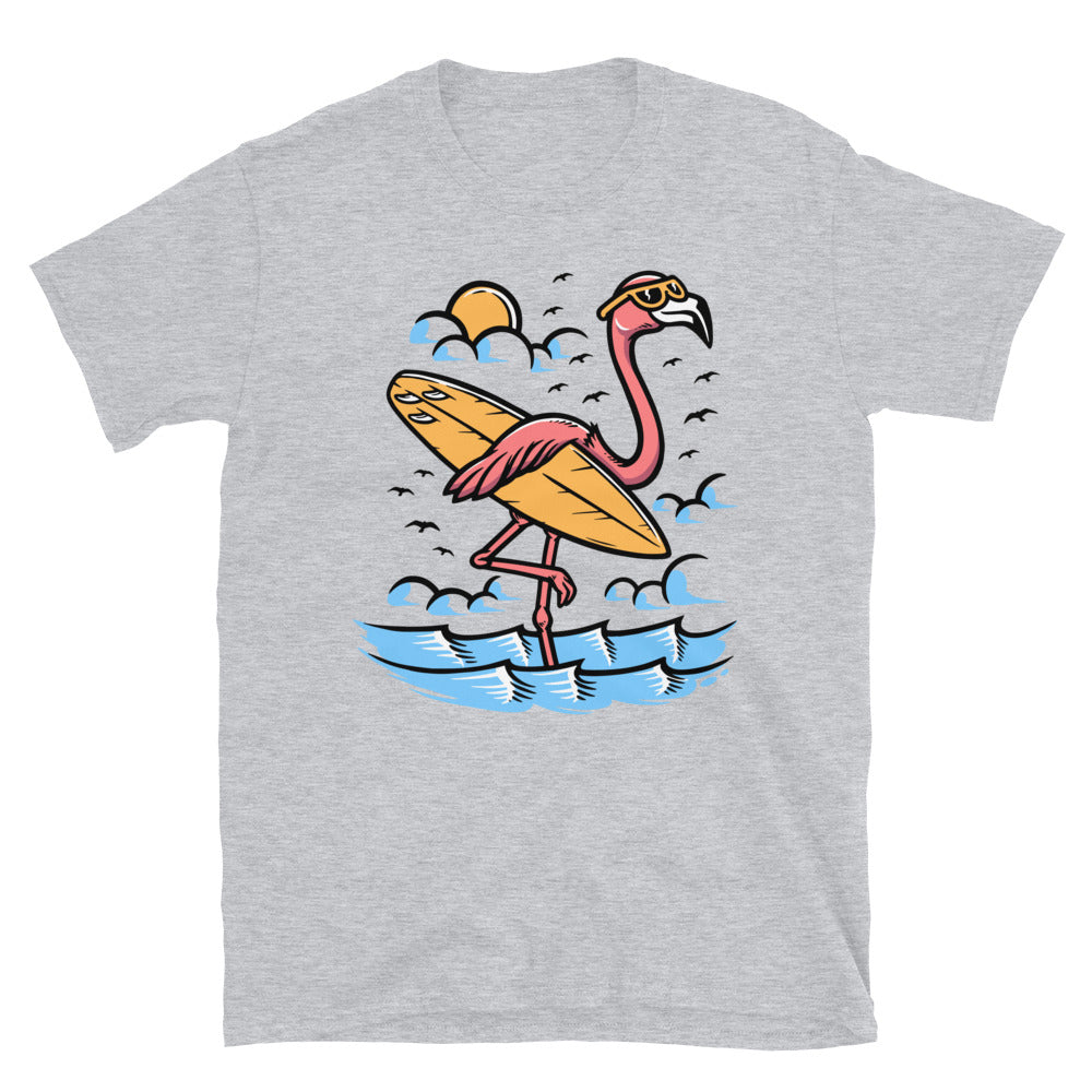 Surfer flamingo on the beach Fit Unisex Softstyle T-Shirt