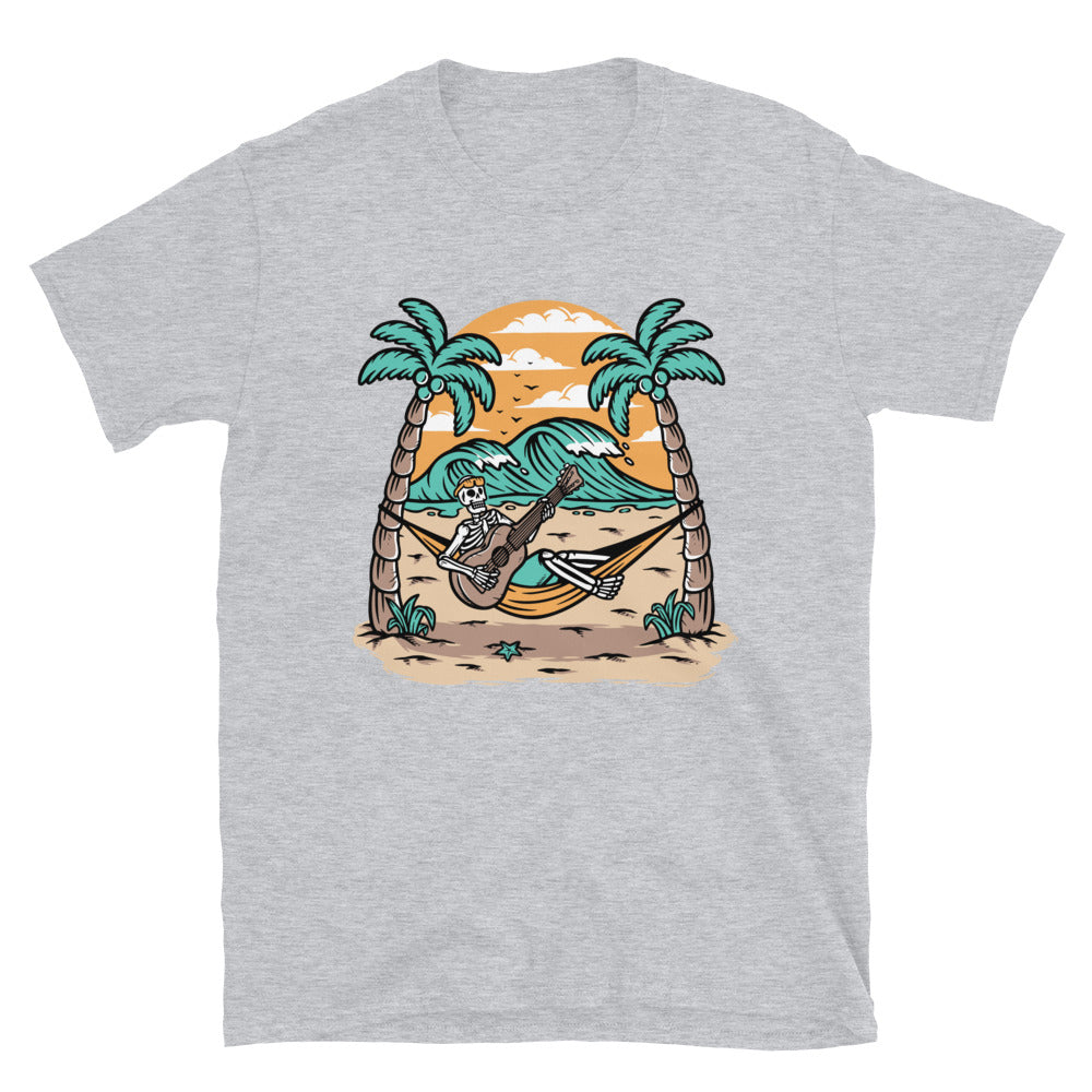 Skull playing guitar on the beach Fit Unisex Softstyle T-Shirt