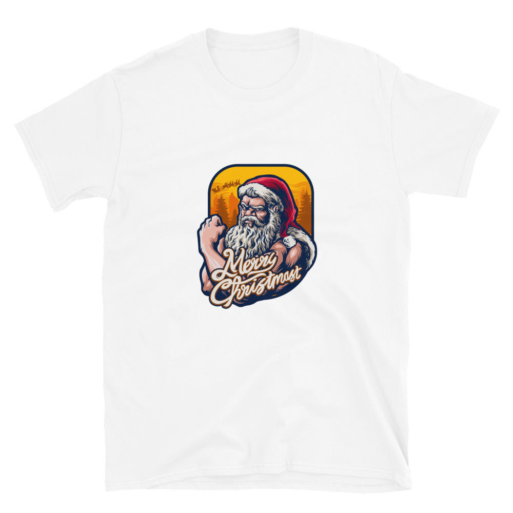 Strong Cool Santa Claus Navidad con fondo Árbol Fit Camiseta unisex Softstyle