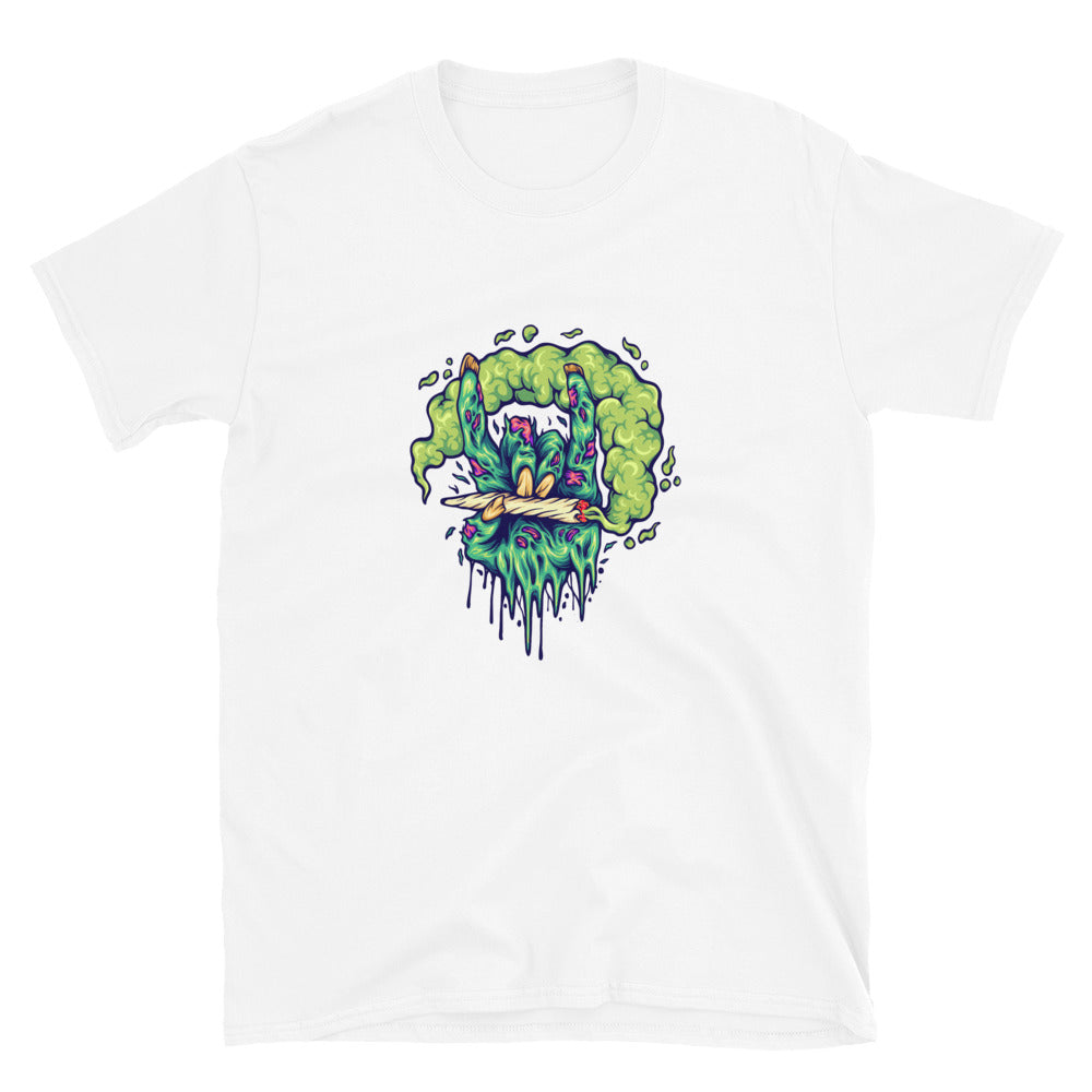 Gruseliges Zombie-Handraucher-Cannabis-Fit-Unisex-Softstyle-T-Shirt