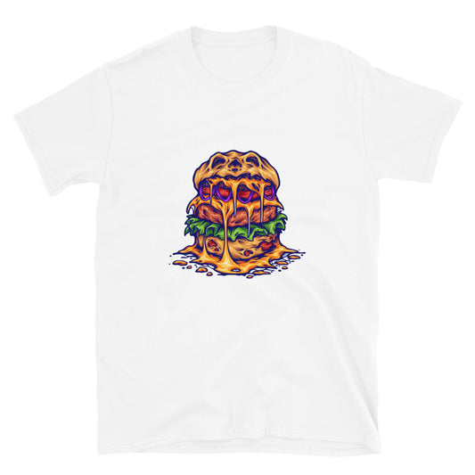 Camiseta de estilo suave unisex con dibujos animados de monstruo de hamburguesa aterradora