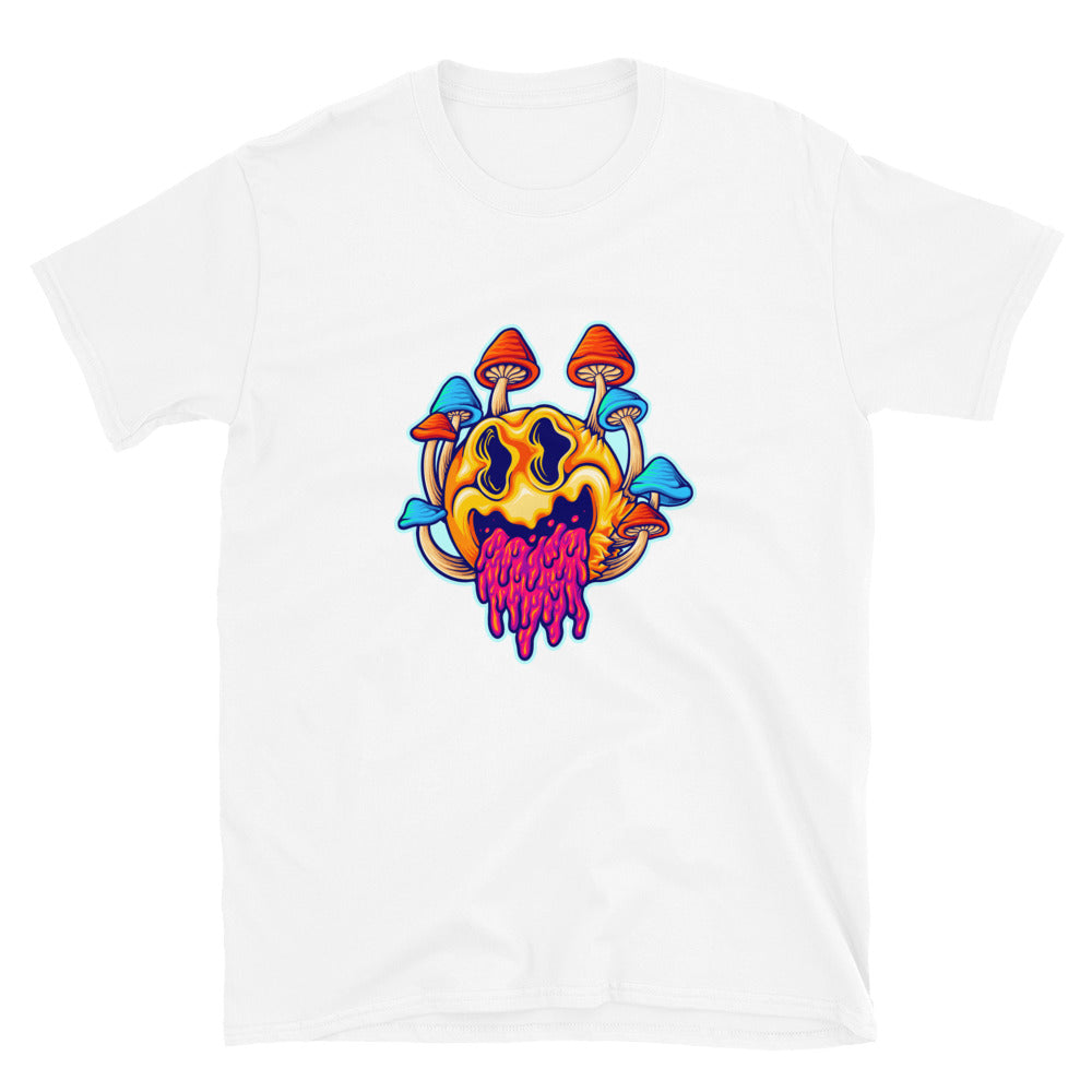 Camiseta de estilo suave unisex con dibujos animados de hongos psicodélicos aterradores y coloridos