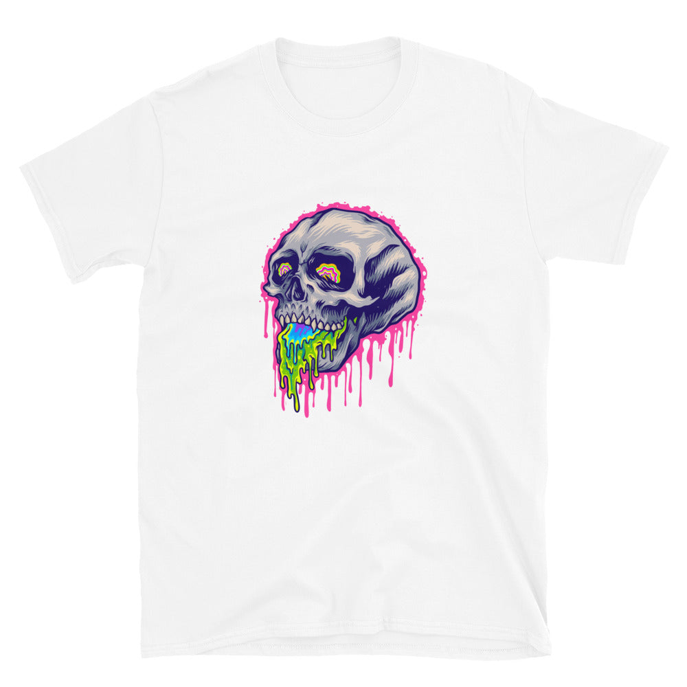 Camiseta de estilo suave unisex con diseño de calavera de piedra colorida aterradora psicodélica