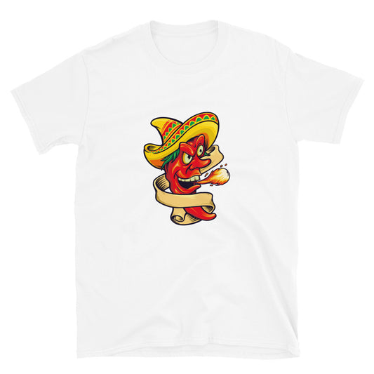 Roter Chili-Geschmack mit mexikanischem Sombrero-Hut. Unisex-Softstyle-T-Shirt