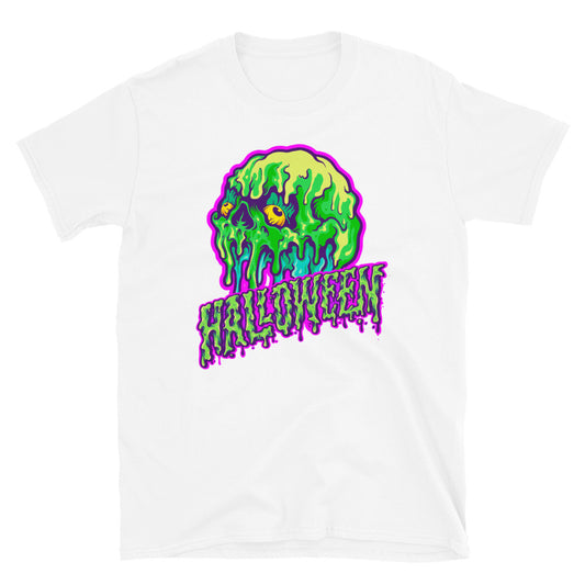 Skull Melting Halloween Text Fit Unisex Softstyle T-Shirt