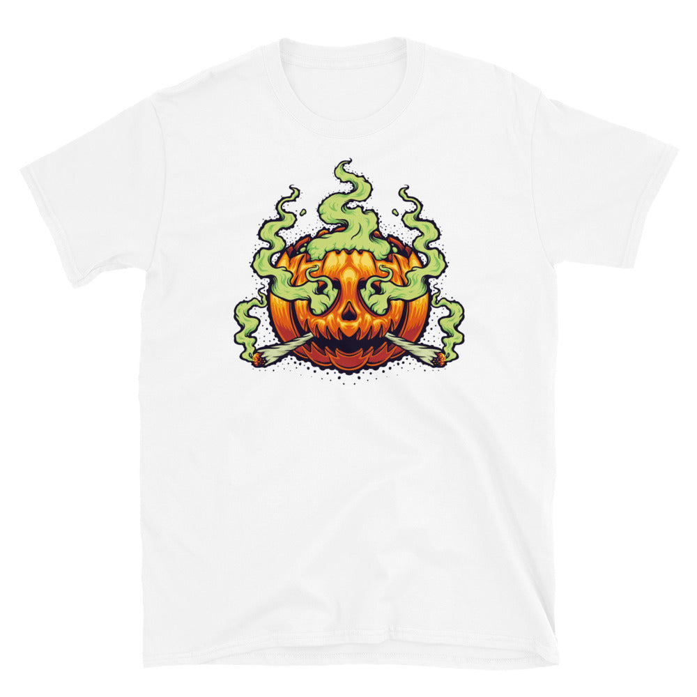 Camiseta de estilo suave unisex con dibujos animados de humo de hierba de Halloween