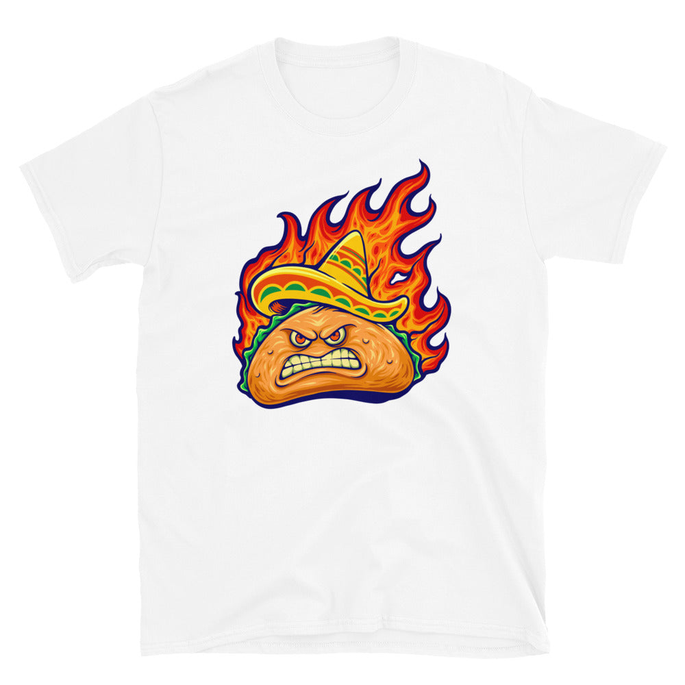 Angry delicious mexican taco with blazing fire, Fit Unisex Softstyle T-Shirt