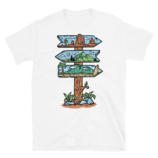 Straßenschild zur natürlichen Landschaft Fit Unisex Softstyle T-Shirt