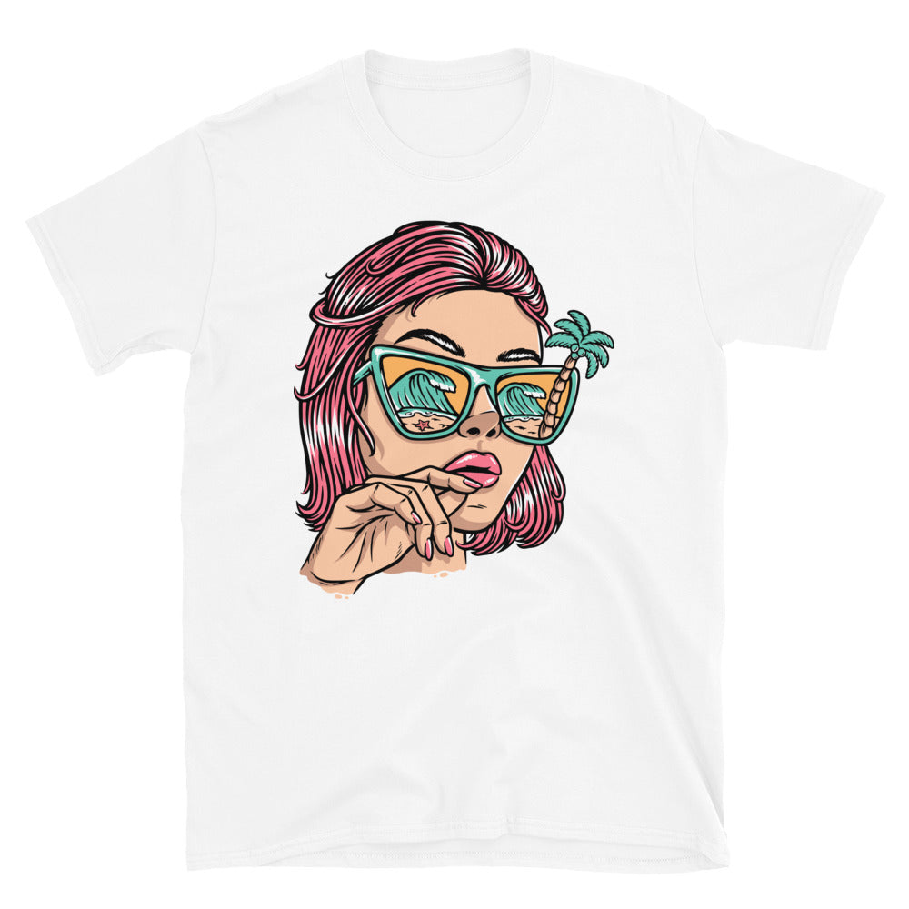 Beautiful Woman with Beach Glasses - Fit Unisex Softstyle T-Shirt