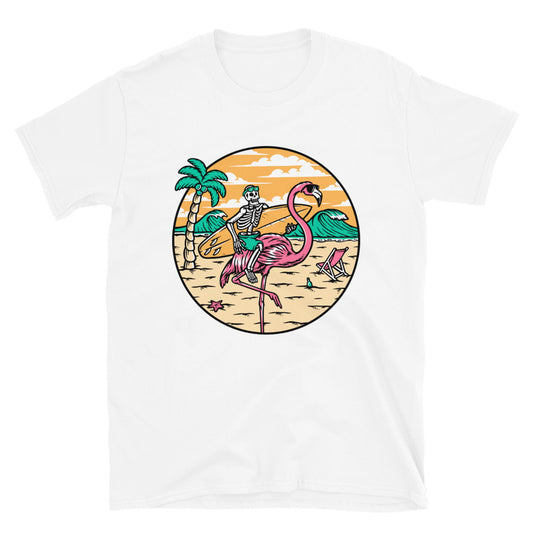 Totenkopf und Flamingo am Strand Fit Unisex Softstyle T-Shirt