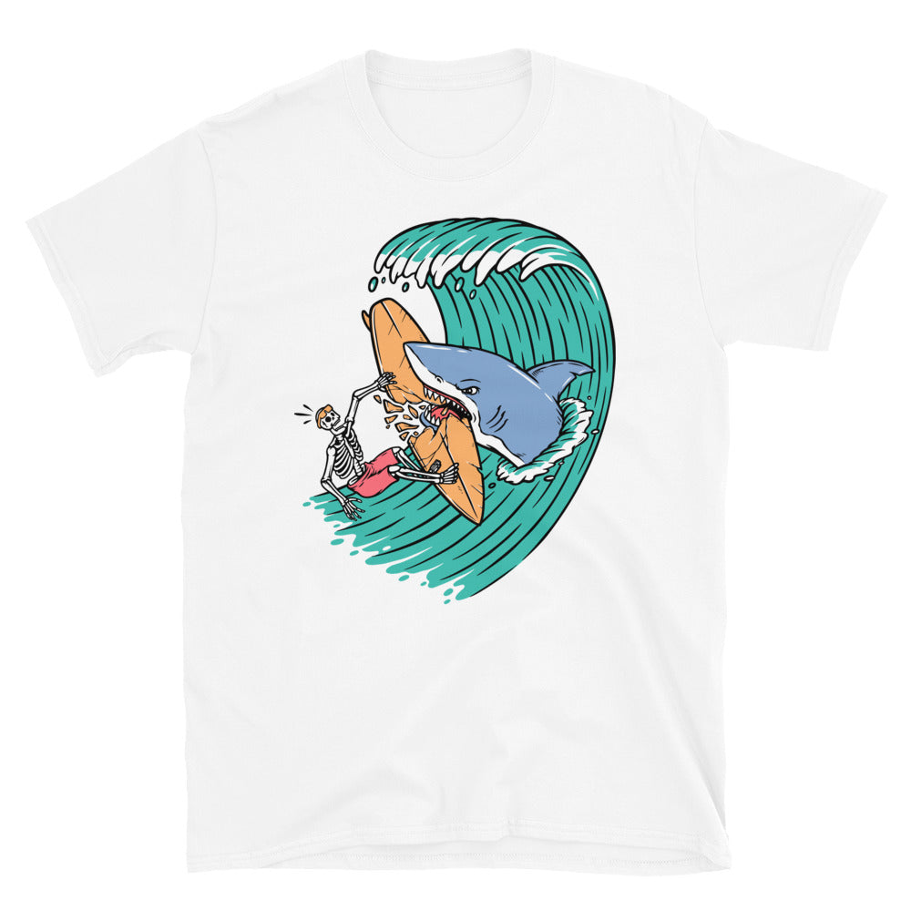 Sharks attack surfers Fit Unisex Softstyle T-Shirt