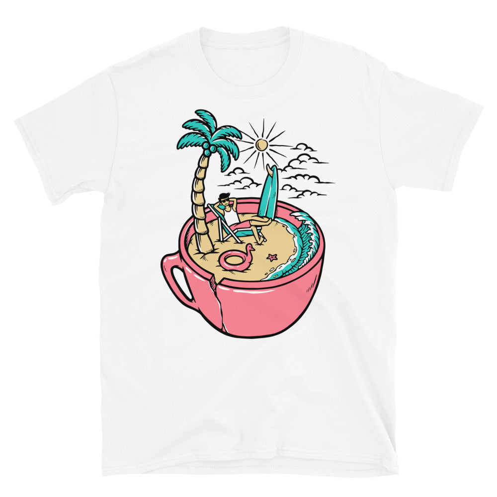 People are relaxing on the beach with a Coffee Fit Unisex Softstyle T-Shirt