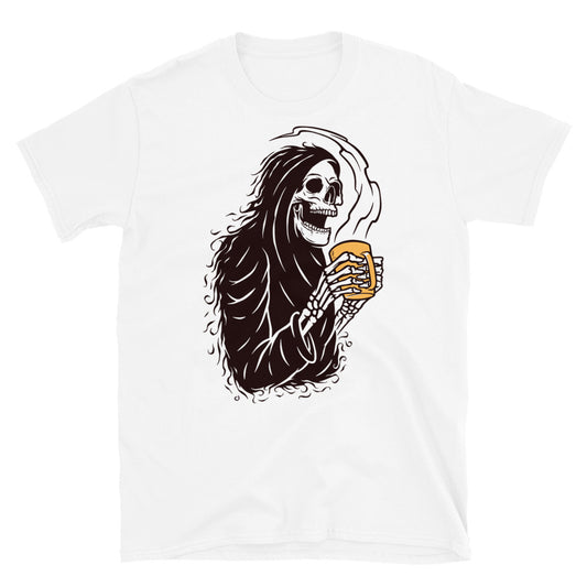 Calavera sombría y café Fit Unisex Softstyle camiseta