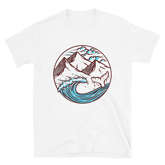 Blick auf das Meer und die Berge. Passgenaues Unisex-Softstyle-T-Shirt