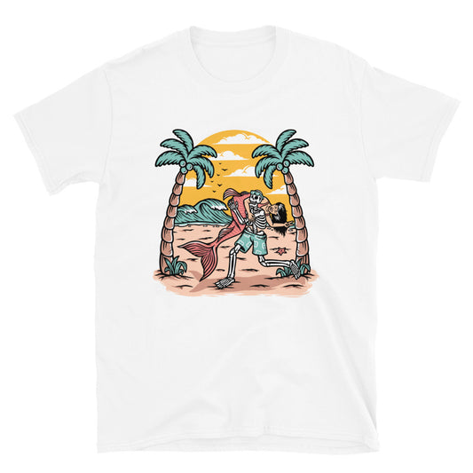 Skull holding a mermaid on the beach Fit Unisex Softstyle T-Shirt